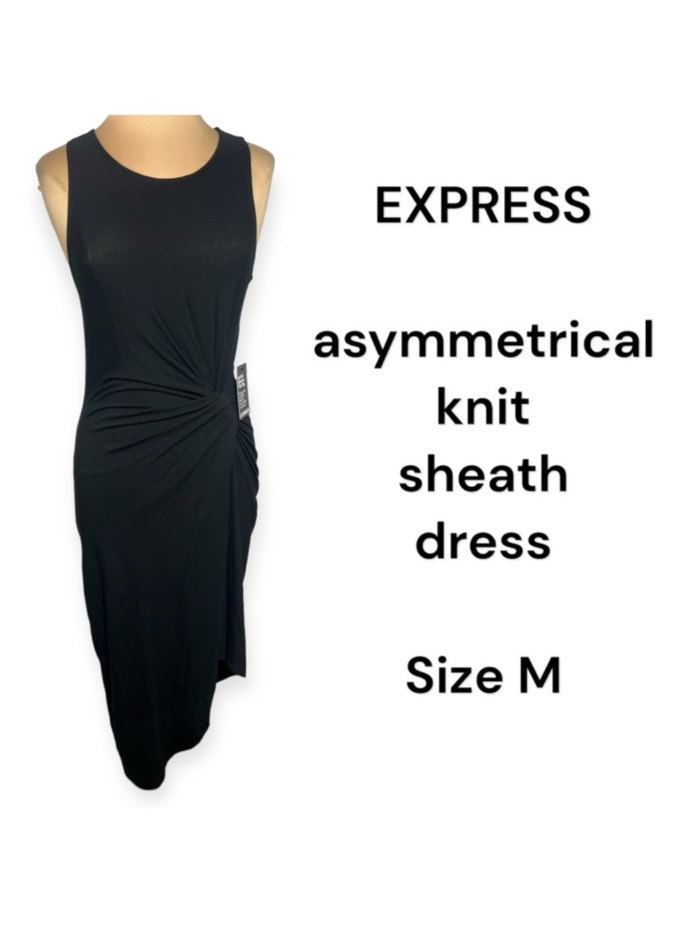 EXPRESS Black Asymmetrical Ruched Midi Sheath Dress Size M effortless versatile - Picture 6 of 9